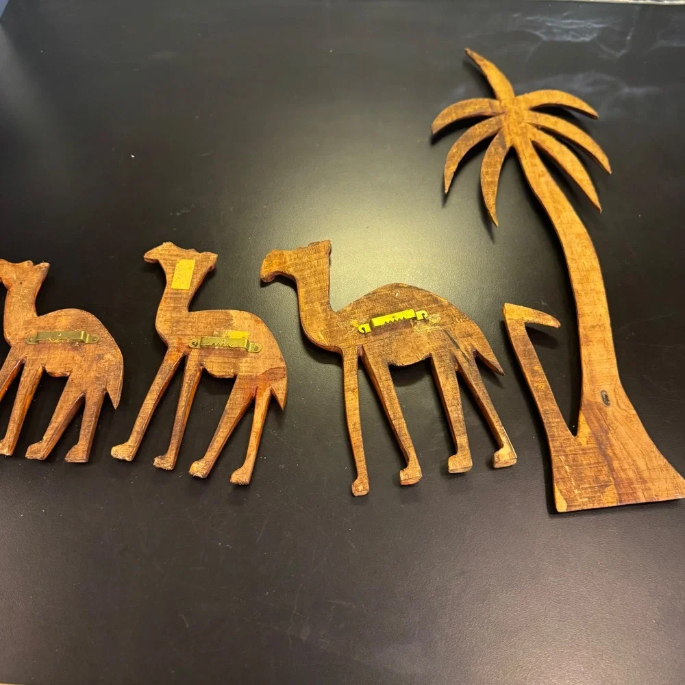 Handcrafted Wood Wall Art Set 4pc Brown Camel Palm Tree Desert Silhouette Decor